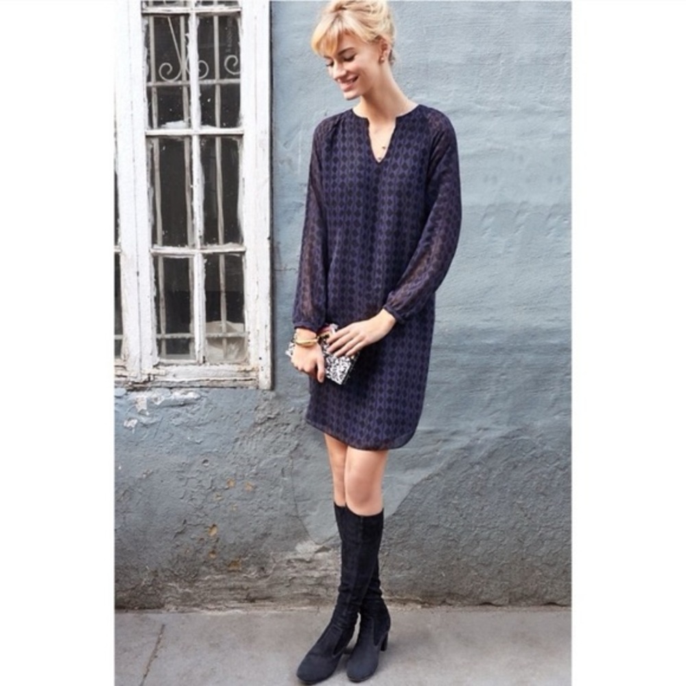 CABI Harlequin Navy Blue Black Diamond Print Chiffon Sheer Sleeves Dress Size S